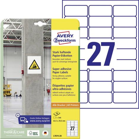 Etiquette ultra-adhésives Avery-Zweckform L7874-20 63.5 x 29.6 mm papier blanc 540 pc(s) fixation permanente , fixation (1/4)