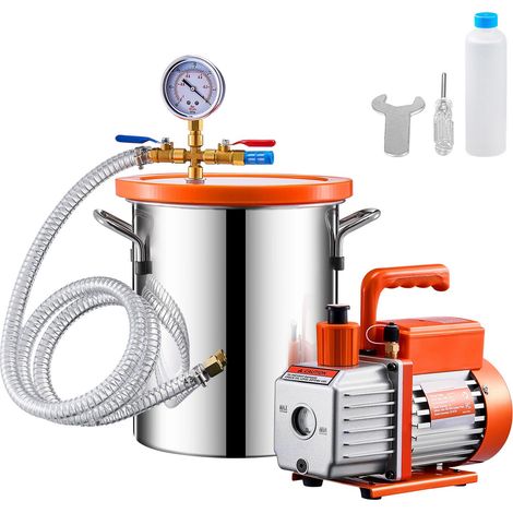 Chambre à vide 11 L (3 gallons) en acier inoxydable, kit avec pompe à vide 100 L/min (3,5 CFM) et couvercle acrylique. Comprend huile et tuyau de 1,5 m. (1/5)