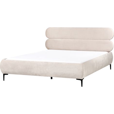 Cama con somier minimalista de terciopelo cabecero patas de metal negro dormitorio 180 x 200 cm beige claro Lessay