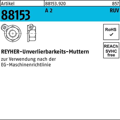 Selbstsichernde Sechskantmutter ART 88153 M 5 x 0,8 Edelstahl A2 blank Reyher-Unverlierbarkeits-Mutter 25 Stk (1/2)