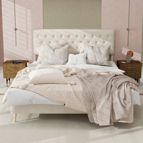 Lit 140x200cm - Lit Double 140x200cm - Tête de Lit en Velours Hollandais avec Rivets - Structure Stable et Moderne - Beige (1/5)