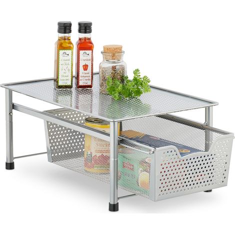 Rangement avec panier coulissant, empilable, métal, cuisine, salle de bain, HxLxP: 19x28x42,5 cm, argenté (1/5)