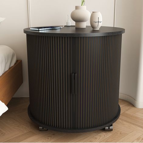 Tavolino da notte Mid-Century 75x67x14 cm, con stazione di ricarica, porta scorrevole, MDF nero (1/5)