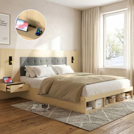 Bett modern aus MDF in heller Eiche 160x200 cm mit Kopfteil, USB/Type-C, drehbaren Leselampen und 2 Nachttischen