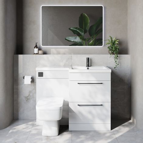 Napoli 460 Gloss White 1100mm 2 Drawer Vanity Unit Toilet Suite with Right Hand Square Lucia Basin - 1100mm - Matt Black 320mm HandleWith Kingston Toilet Pan and Seat