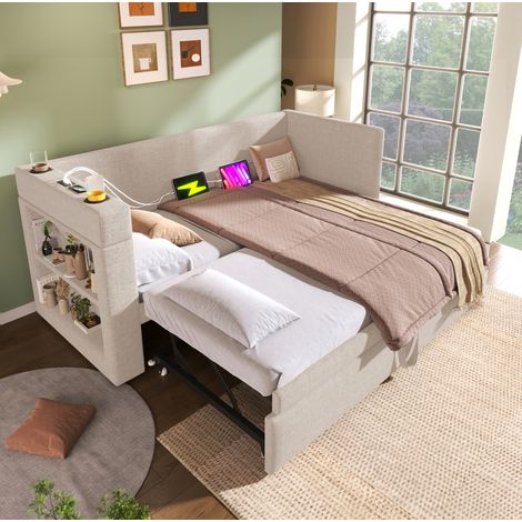 Cama daybed tapizada 90x190 cm moderna beige, algodón y lino, con cama nido, USB/Type-C, portavasos y estantes (1/5)