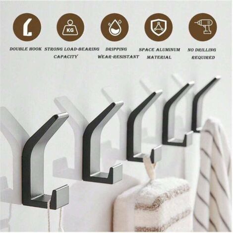 QORVA-Crochets muraux à coller, porte-serviettes salle de bain 6 pièces, crochets pour montage mural sans perçage, patères sans perçage, inoxydable, aluminium, mat