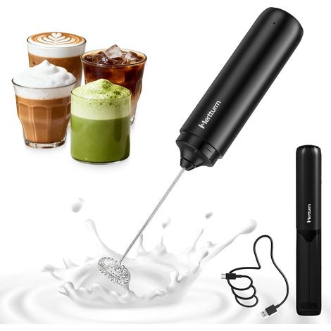 Mousseur à Lait Rechargeable, Électrique Mini Mixeur, Matcha Cafe Mixeur Café, Petit Portable Mélangeur, Mousseur à Main sans Fil, USB, pour Latte Cappuccino Voyage, Noir (1/5)