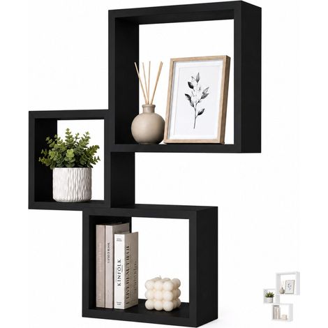 Set da 3 Mensole quadrate in legno MDF da parete in 3 misure: 30x30cm, 27x27cm e 24x24cm e spessore di 11,7cm - Colore nero (1/5)