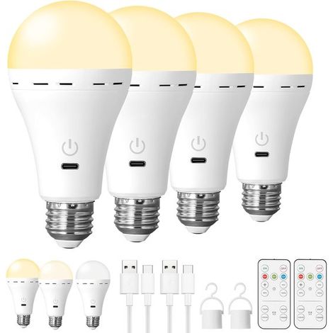 Ampoules LED E27 rechargeables – Lot de 4 – 3 températures de couleur – Avec télécommande, minuterie et fonction dimmable – Éclairage sans fil intérieur et extérieur (1/5)