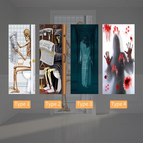 Sticker de porte 3D Halloween, crâne effrayant, autocollant amovible en vinyle, décoration de porte pour fête d'Halloween (1/2)