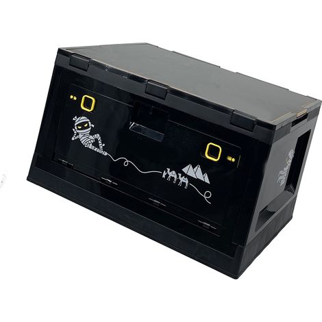 Coffre de rangement pliable d'extérieur avec couvercle en bois, empilable, stable et pratique pour le camping et le coffre de voiture, noir. (1/5)