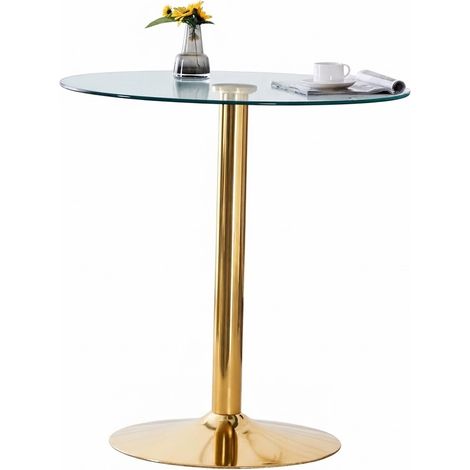 ELVMI Table de Bar Ronde avec Plateau en Verre Transparent et Base en Métal Doré pour Cuisine, Bar et Café (1/5)