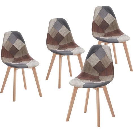 Lot de 4 chaises de salle à manger patchwork tissu marron pieds bois clair (1/5)