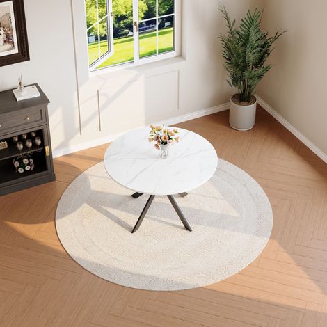 Runder Esstisch mit X Gestell, Marmoroptik, für Küche und Esszimmer, aus MDF und Metall, Weiß und Schwarz
