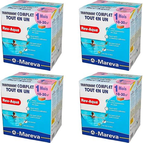 Pack traitement 4 mois Mareva TCM REV-AQUA – Désinfectant chloré non moussant – Pour piscine 18 à 30m³ – Élimine algues et impuretés