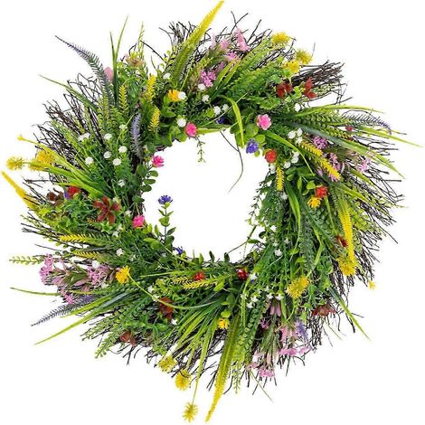 Couronne printanière de printemps pour porte d'entrée, couronne de fleurs sauvages, élégante et simple couronne artificielle à suspendre pour la décoration de la maison, du mur, de la fenêtre, de la f (1/5)