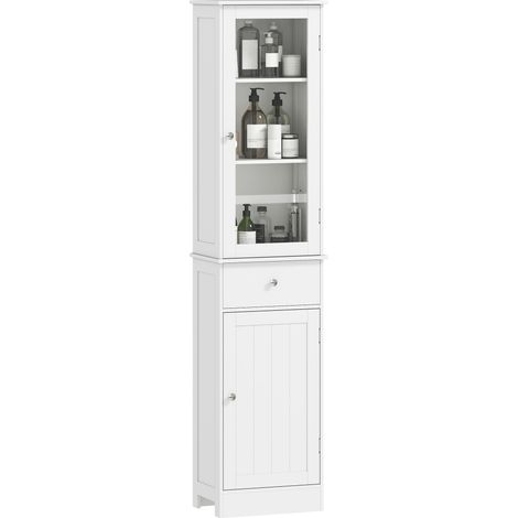 Mobile Colonna Bagno Salvaspazio con Armadietto, Cassetto e Ripiani in MDF, 40x27x171.5cm, Bianco