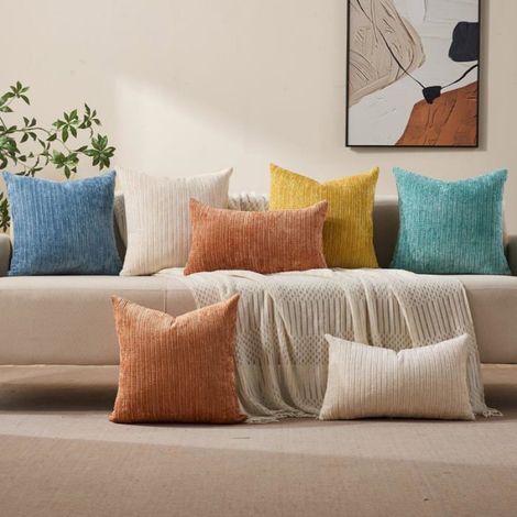 Housses de coussin 45x45 cm, lot de 2, chenille côtelée turquoise, fermeture invisible, canapé et salon, SY007-D18 (1/4)