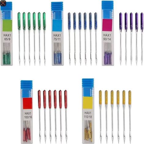 Juego de 30 agujas para máquina de coser, 5 tamaños HAX1 65/9, 75/11, 90/14, 100/16, 110/18. Para coser telas finas y gruesas. Compatible con la mayoría de las máquinas de coser domésticas (1/5)