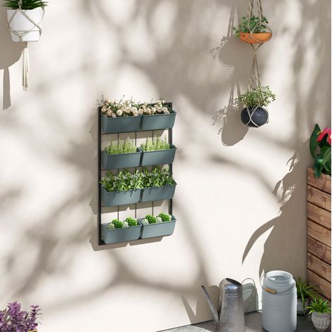 Support mural pour plantes avec 8 pots, acier, vert foncé, 52,5 x 14 x 90 cm, OKWISH (1/5)