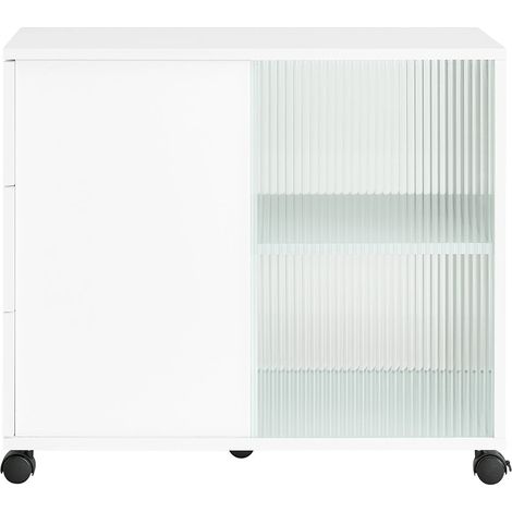 SoBuy Tavolino laterale con ruote salvaspazio Carrello con ante scorrevoli in vetro Bianco 75x35x61cm FBT141-W (1/5)