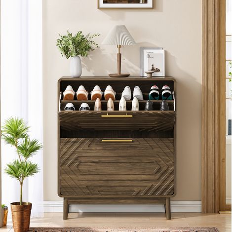 Scarpiera 91x54x16 cm, con due ribalte, ripiano inferiore aperto, MDF color noce (1/5)