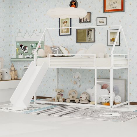 Lit superposé 90x190 cm avec toboggan, lit enfant forme maison, échelle incluse, sans matelas à ressorts, montage facile, structure en bois robuste, cadre de lit 2 places pour chambre d'enfant. (1/5)