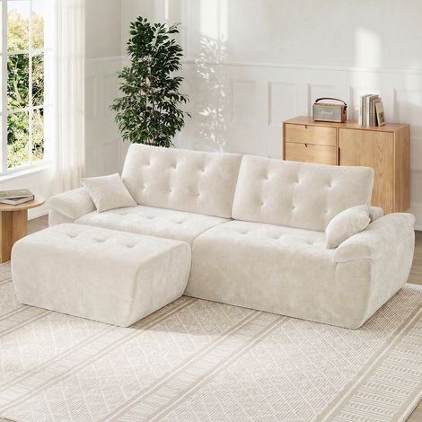 Canapé modulable en chenille beige mousse haute densité avec pouf,Canapé salon 275cm style nuage confortable,Compressé sans montage (1/5)