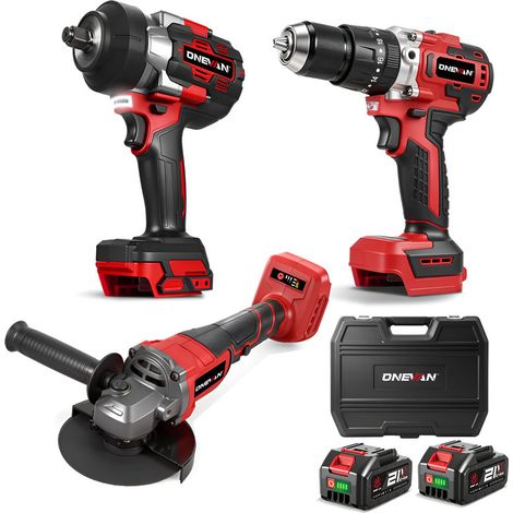 Kit ONEVAN: avvitatore a impulsi 2100 Nm + trapano a percussione 90 Nm + smerigliatrice angolare 125 mm, 2 batterie 4 Ah (1/5)