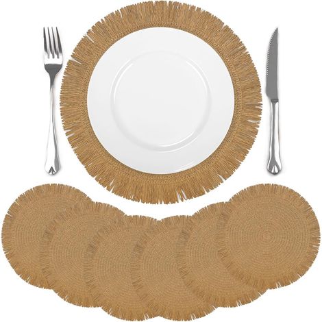 Lot de 6 sets de table ronds tressés marron, antidérapants, avec longues franges, 38 cm. (1/5)