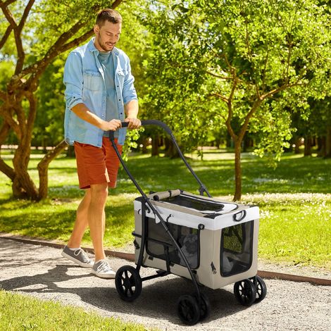 Carrito plegable para mascotas para perros y gatos, bolso de transporte extraíble, correas de hombro, 4 ruedas con frenos, 600D Oxford 81 x 58 x 97,5 cm caqui (1/5)