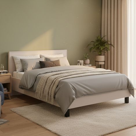 Cama Matrimonial Coazze, Tamaño del Colchón 160x200 cm, Cabecera Detalle Geométrico, Peso Soportado 200 kg, Beige (1/5)