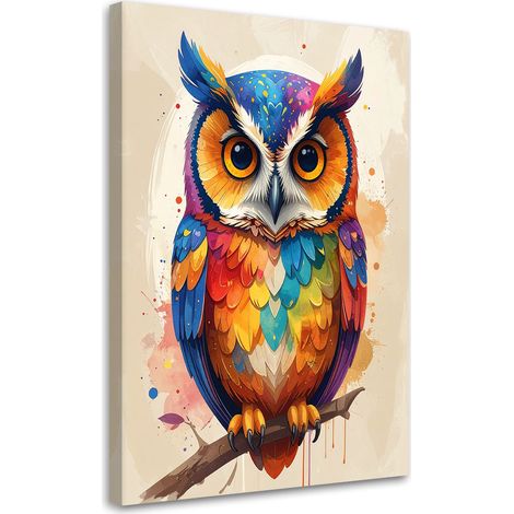 Impression sur Toile, Chouette colorée oiseau sur une branche animaux de la forêt,20x30 (1/4)