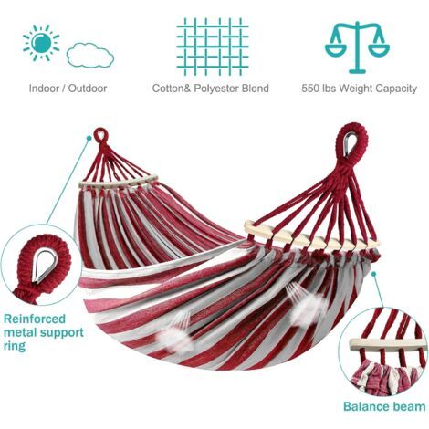 Hamac portable de camping amélioré, hamac en tissu confortable supportant jusqu'à 250 kg (rouge et blanc) (1/4)