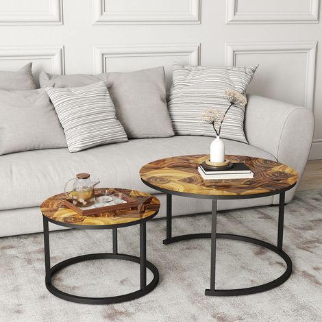 Tables basses gigognes rondes, lot de 2, table d'appoint pour salon avec cadre noir, plateau en verre effet bois veiné