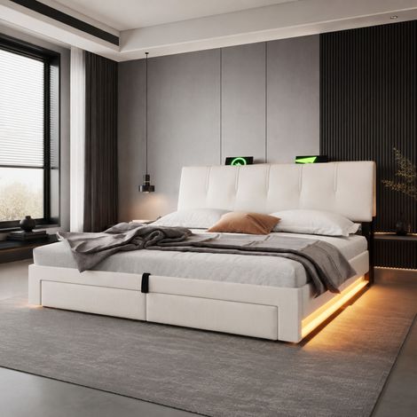Cama tapizada 180x200 cm con almacenaje hidráulico, cajones laterales, cabecero acolchado, LED y puertos USB y USB-C, sin colchón, beige para dormitorio moderno  CHICFURN (1/5)