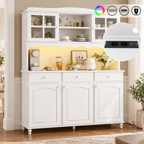 Buffet haut 135x40x185 cm en panneaux de particules blanc, LED et prises, gain de place – MEUBLIV