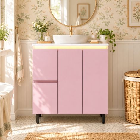 Mueble de baño con lavabo integrado y luz LED con sensor, 76 x 47 x 89 cm, rosa OKMYHOME (1/5)