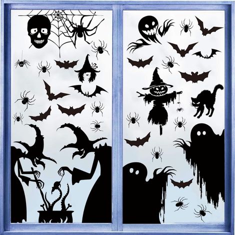 Lot de 49 autocollants statiques pour fenêtre d'Halloween avec chat noir, chauve-souris, araignée, sorcière, pour verre, intérieur et extérieur (1/5)