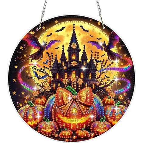 Diamant Malerei Set Halloween Kürbis Schloss Fensterbild zum Aufhängen