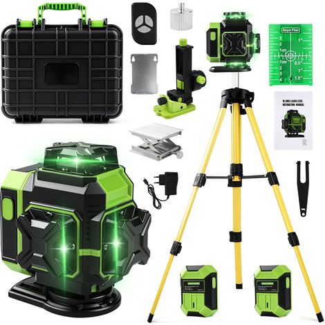 Niveau Laser Vert, 4D 16 Lignes Niveau Laser Chantier Autonivelant avec Trepied, 4 x 360° Niveaux Laser en Croix Vertical Horizontal lazer Niveaux avec 2 x Batteries 3600 mAh, Télécommande (1/5)