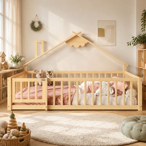 Cama cabaña infantil 140x190 cm de madera natural con barrera y cierre FloraGrace (1/5)