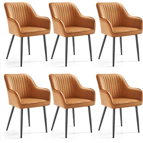 SONGMICS Chaise Salle à Manger, lot de 6, Chaise de Cuisine, Fauteuil en Velours, Rembourrée, avec Accoudoirs, Charge Max. 120 kg, Pieds en Métal, pour Salle à Manger, Marron Caramel et Noir d'encre (1/5)