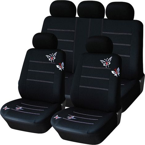 Fundas de asiento universales para todas las estaciones, bordado de mariposa negra, accesorios para coche, 9 juegos negros (1/4)