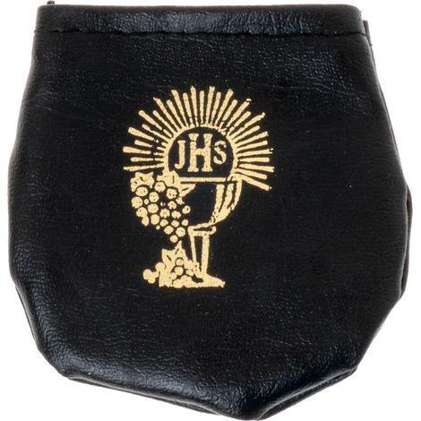 Estuche para rosario de comunión de ecopiel negra con motivo de cáliz. (1/2)