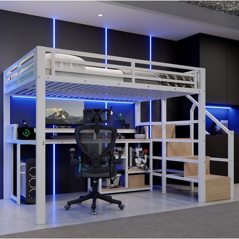 Letto a soppalco 140x200 cm, con scala contenitore, vano portaoggetti, LED multicolore, USB e Type-C, MDF e metallo, bianco (1/5)
