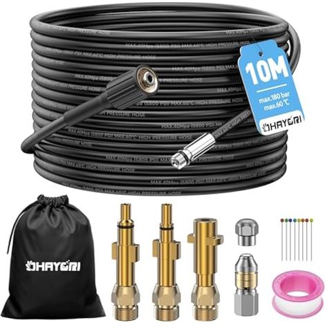 10M Tuyau Deboucheur Canalisation Nettoyage Haute Pression pour Kärcher K2-K7 HD HDS, Lavor, Bosch, Parkside,180Bar Kit Furet Professional avec Buse Rigides+Rotatives+3 Adaptateurs en Cuivre Résistant