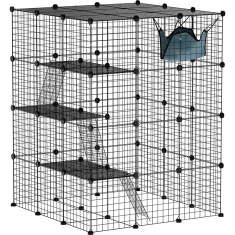 Cage d'intérieur pour chat, enclos à chat à 4 étages à monter soi-même, avec grillage métallique dense, hamac, rampe, portes et plateformes de saut.