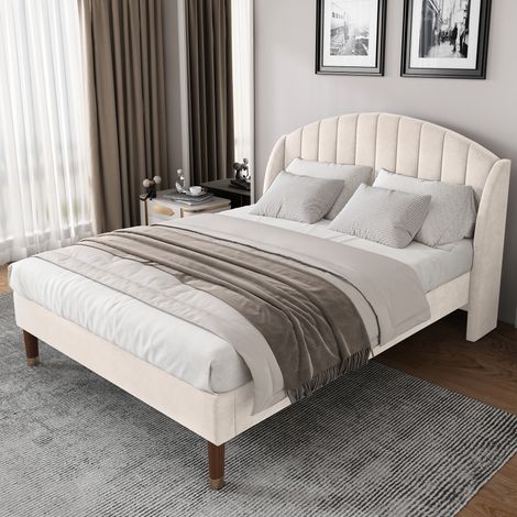 Cama tapizada 140/190 cm beige de terciopelo con cabecero acolchado (1/5)